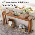 Tavolo Consolle 63" in Legno Massello per Soggiorno, Tavolo d'Ingresso in Stile Rustico con Gambe Svasate Integrate per Corridoio