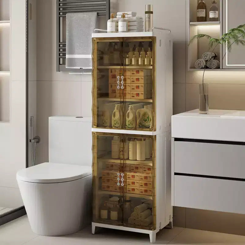 Mobile Contenitore Alto Stretto a 2/3 Ripiani, Organizer Slim da Bagno con Doppie Ante Trasparenti per Piccoli Spazi, Marrone Tè