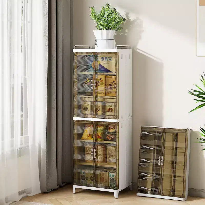 Mobile Contenitore Alto Stretto a 2/3 Ripiani, Organizer Slim da Bagno con Doppie Ante Trasparenti per Piccoli Spazi, Marrone Tè