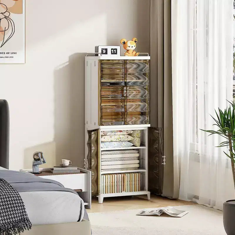 Mobile Contenitore Alto Stretto a 2/3 Ripiani, Organizer Slim da Bagno con Doppie Ante Trasparenti per Piccoli Spazi, Marrone Tè