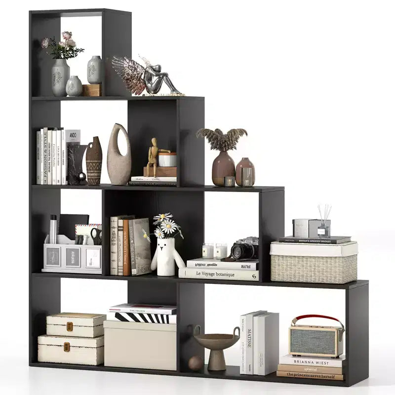 Libreria a 4 livelli con 6 cubi portaoggetti, altezza 162 cm, moderna, a scala geometrica