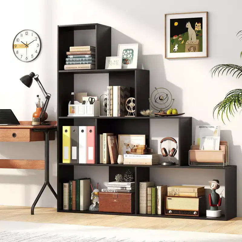 Libreria a 4 livelli con 6 cubi portaoggetti, altezza 162 cm, moderna, a scala geometrica