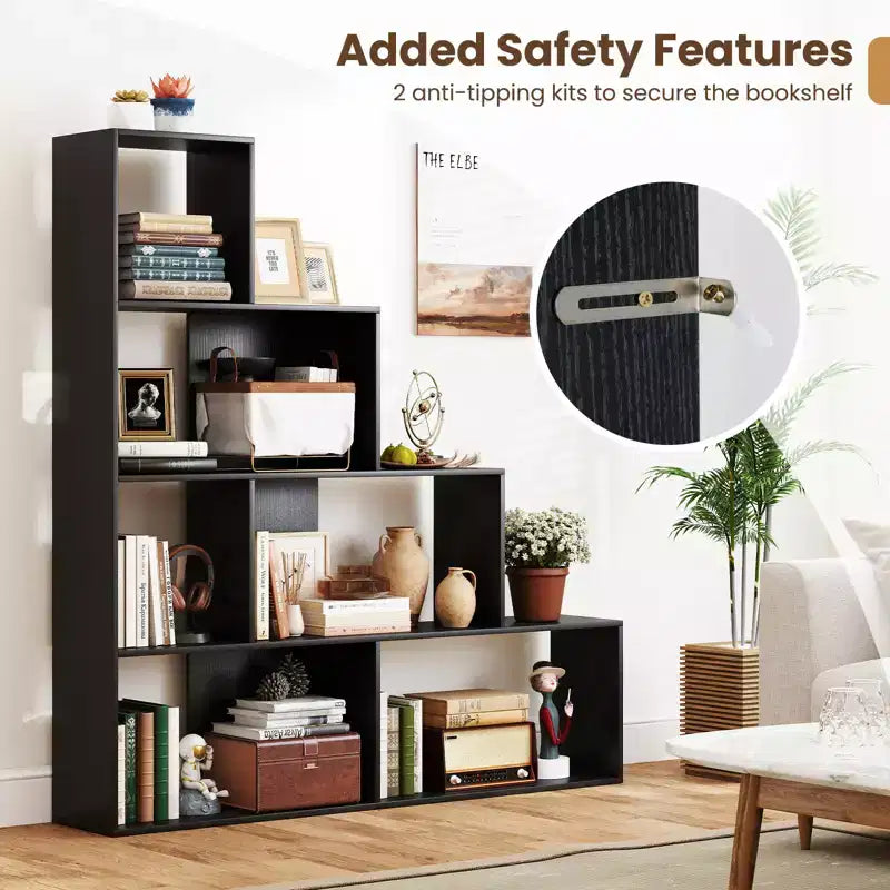 Libreria a 4 livelli con 6 cubi portaoggetti, altezza 162 cm, moderna, a scala geometrica