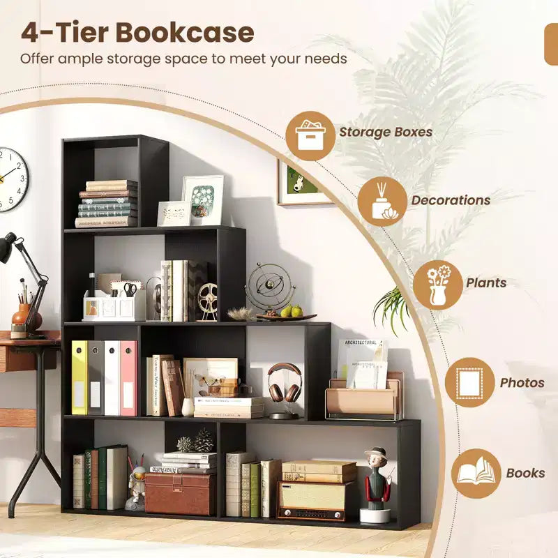 Libreria a 4 livelli con 6 cubi portaoggetti, altezza 162 cm, moderna, a scala geometrica