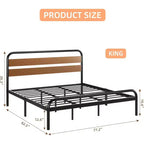 Letto King Size Moderno di Metà Secolo, Struttura in Metallo con Testiera Effetto Legno, Design Silenzioso che Non Richiede Rete a Molle per Camera da Letto, Marrone