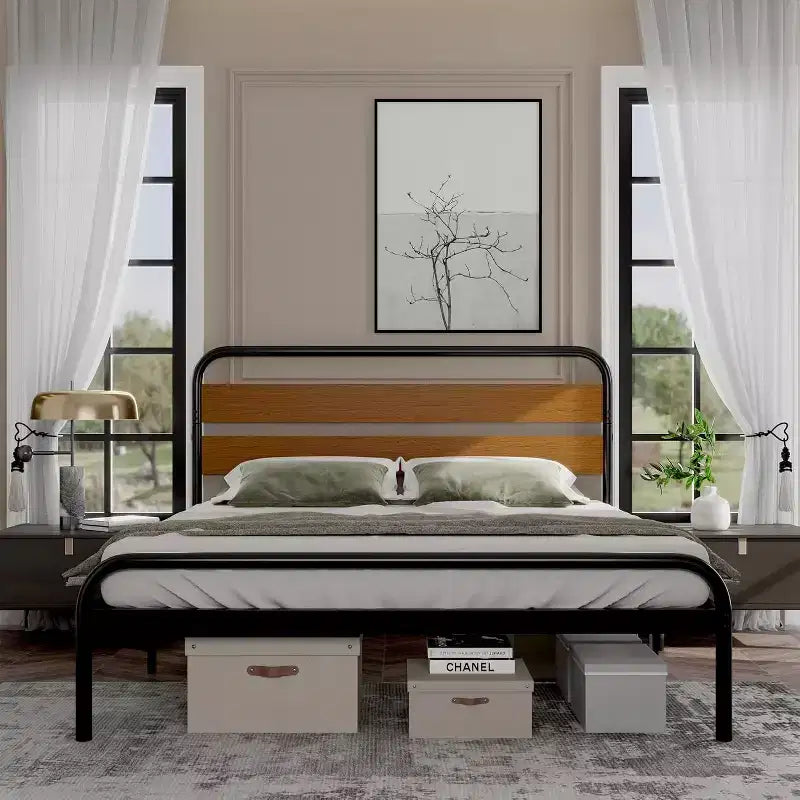 Letto King Size Moderno di Metà Secolo, Struttura in Metallo con Testiera Effetto Legno, Design Silenzioso che Non Richiede Rete a Molle per Camera da Letto, Marrone