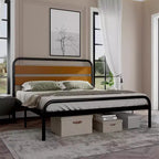 Letto King Size Moderno di Metà Secolo, Struttura in Metallo con Testiera Effetto Legno, Design Silenzioso che Non Richiede Rete a Molle per Camera da Letto, Marrone