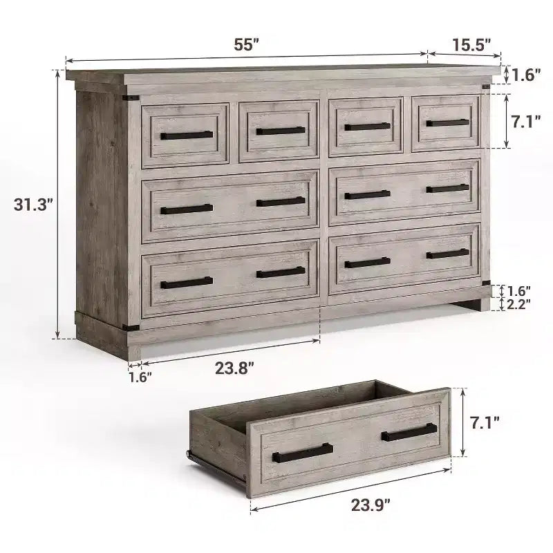 Acekool Comò 8 Cassetti Stile Fattoria, Organizzatore Cassettiera in Legno Rustico per Camera da Letto, Armadio, Soggiorno, Corridoio