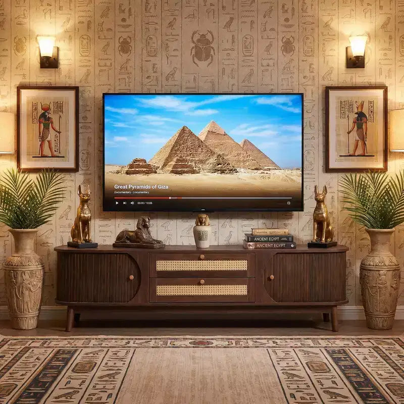JVNOXK 67-inch Modern Farmhouse Style Rattan TV Stand, Suitable for 75-inch or Smaller TVs, Solid Wood Legs Entertainment Center - Walnut