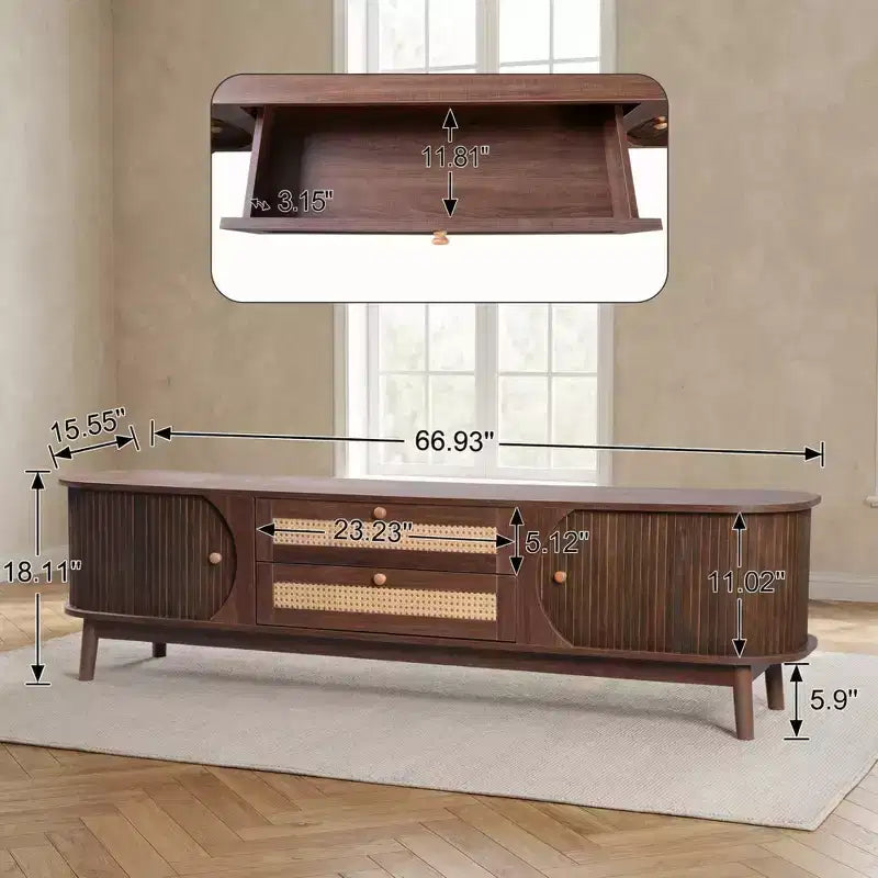 JVNOXK Mobile TV in Rattan Modern Farmhouse da 67 pollici, Adatto per TV da 75 pollici o Inferiori, Centro di Intrattenimento con Gambe in Legno Massello - Noce