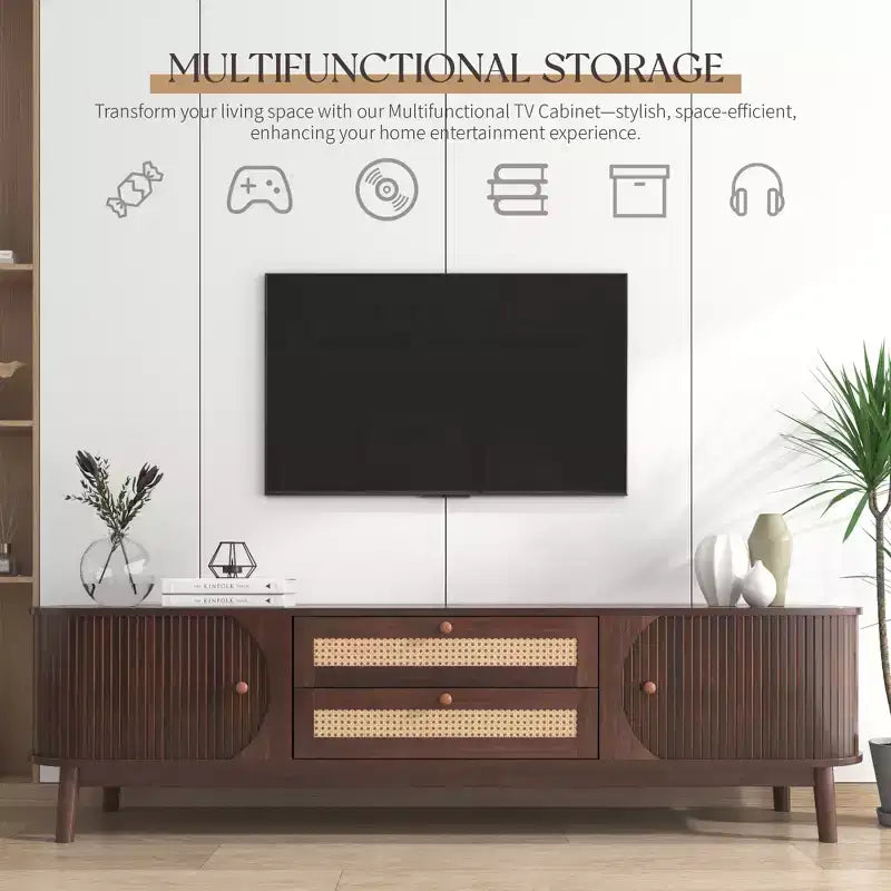 JVNOXK Mobile TV in Rattan Modern Farmhouse da 67 pollici, Adatto per TV da 75 pollici o Inferiori, Centro di Intrattenimento con Gambe in Legno Massello - Noce