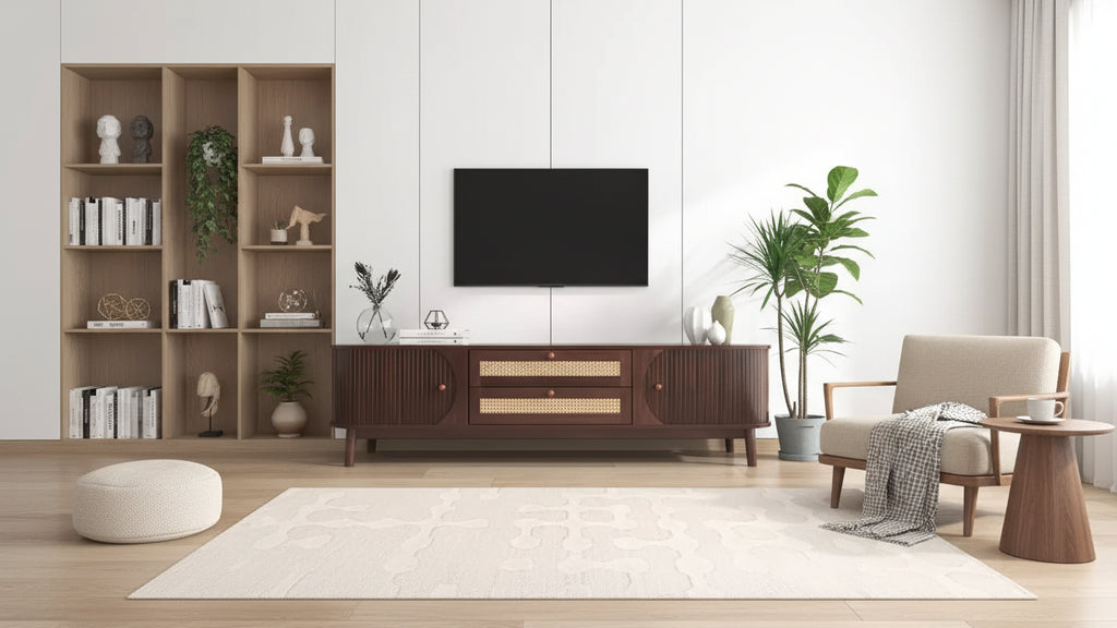 JVNOXK Mobile TV in Rattan Modern Farmhouse da 67 pollici, Adatto per TV da 75 pollici o Inferiori, Centro di Intrattenimento con Gambe in Legno Massello - Noce
