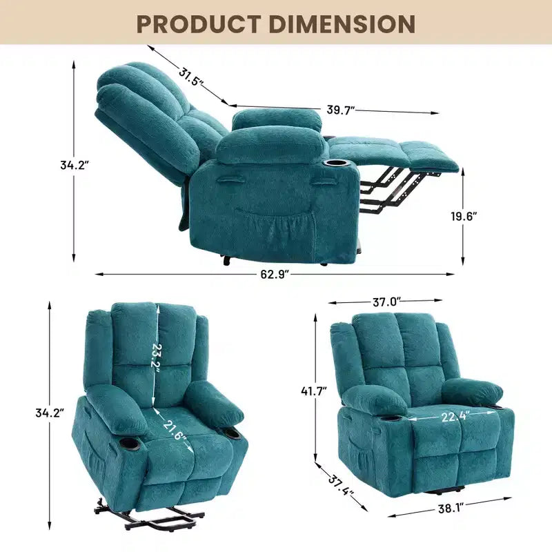 Poltrona Reclinabile Elettrica GustoWave Power Lift per Anziani, Recliner Elettrico Oversize con Massaggio, Riscaldamento, Posizione Orizzontale, Funzione Alzapersona, 2 Portabicchieri