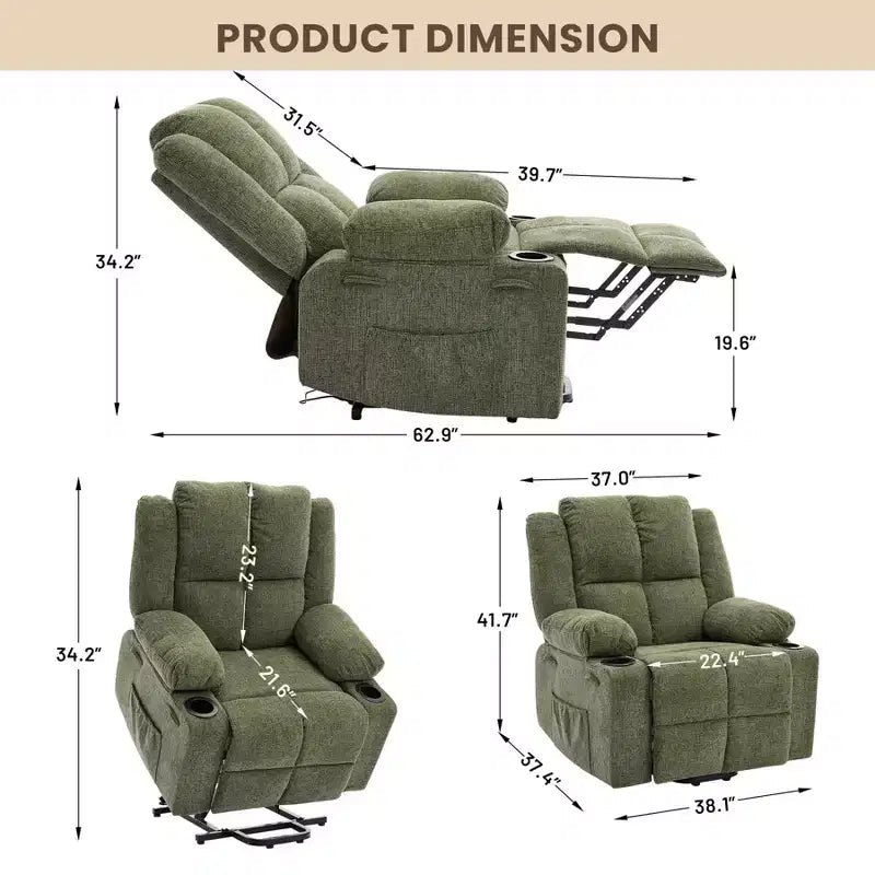 Poltrona Reclinabile Elettrica GustoWave Power Lift per Anziani, Recliner Elettrico Oversize con Massaggio, Riscaldamento, Posizione Orizzontale, Funzione Alzapersona, 2 Portabicchieri