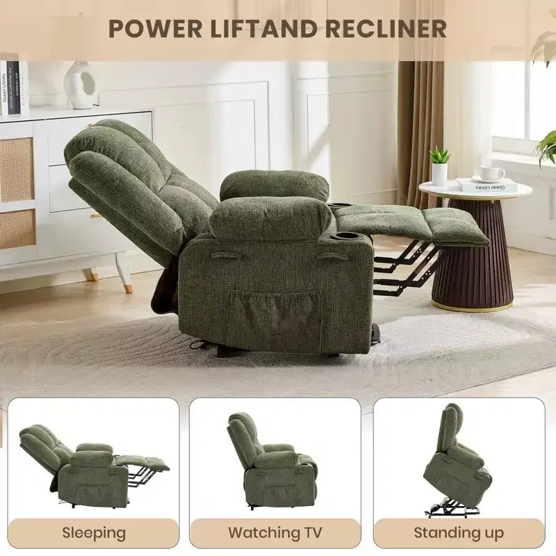 Poltrona Reclinabile Elettrica GustoWave Power Lift per Anziani, Recliner Elettrico Oversize con Massaggio, Riscaldamento, Posizione Orizzontale, Funzione Alzapersona, 2 Portabicchieri