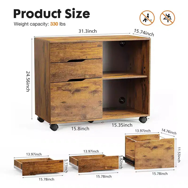 Classificatore mobile moderno a 3 strati Okak con cassetti in legno e ruote, armadio portadocumenti laterale per ufficio domestico, studio