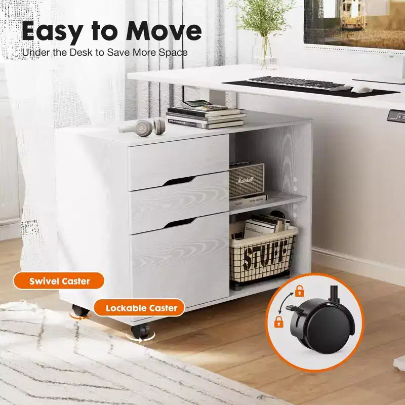 Classificatore mobile moderno a 3 strati Okak con cassetti in legno e ruote, armadio portadocumenti laterale per ufficio domestico, studio