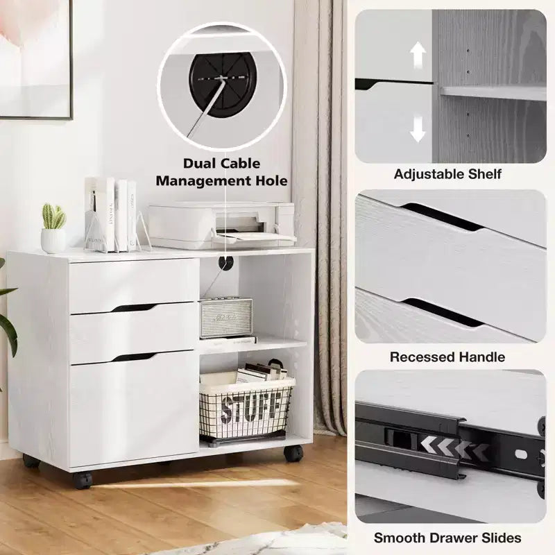 Classificatore mobile moderno a 3 strati Okak con cassetti in legno e ruote, armadio portadocumenti laterale per ufficio domestico, studio