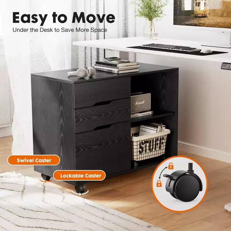 Classificatore mobile moderno a 3 strati Okak con cassetti in legno e ruote, armadio portadocumenti laterale per ufficio domestico, studio