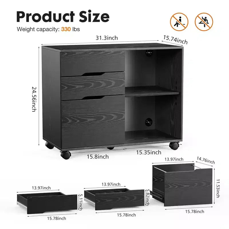 Classificatore mobile moderno a 3 strati Okak con cassetti in legno e ruote, armadio portadocumenti laterale per ufficio domestico, studio