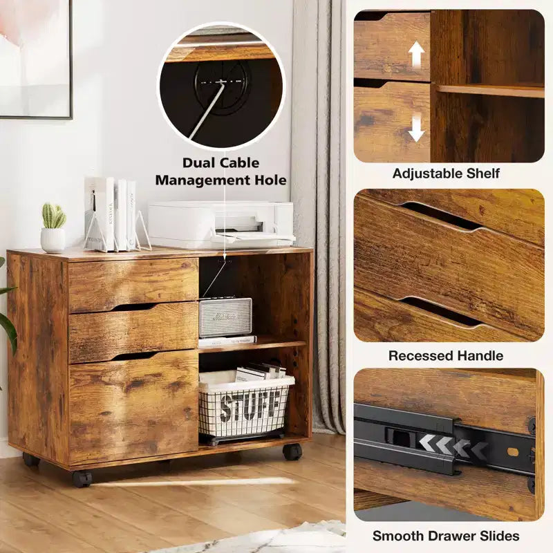 Classificatore mobile moderno a 3 strati Okak con cassetti in legno e ruote, armadio portadocumenti laterale per ufficio domestico, studio