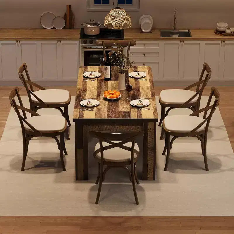 Tavolo da pranzo marrone per 6-8 persone, tavolo da cucina rettangolare da 71" stile rustico, tavolo da pranzo in legno con base di supporto rinforzata e gambe a triangolo