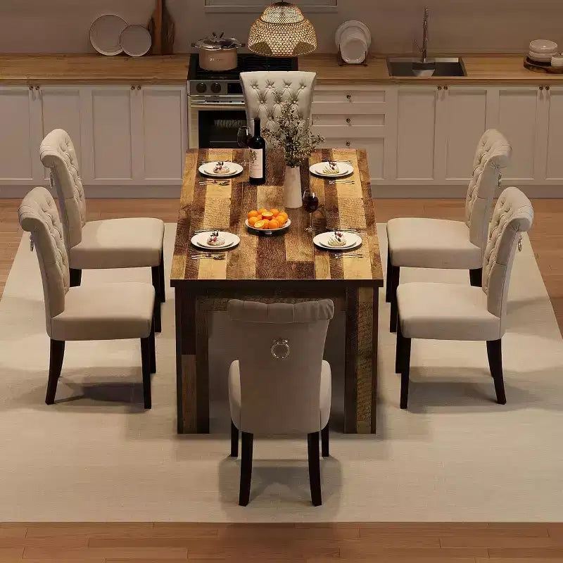 Tavolo da pranzo marrone per 6-8 persone, tavolo da cucina rettangolare da 71" stile rustico, tavolo da pranzo in legno con base di supporto rinforzata e gambe a triangolo