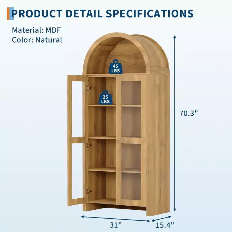 70 Mobile Dispensa Alto Ad Arco con Ante in Acrilico, Credenza in Legno a 5 Ripiani Regolabili, Libreria Moderna per Cucina, Sala da Pranzo e Soggiorno