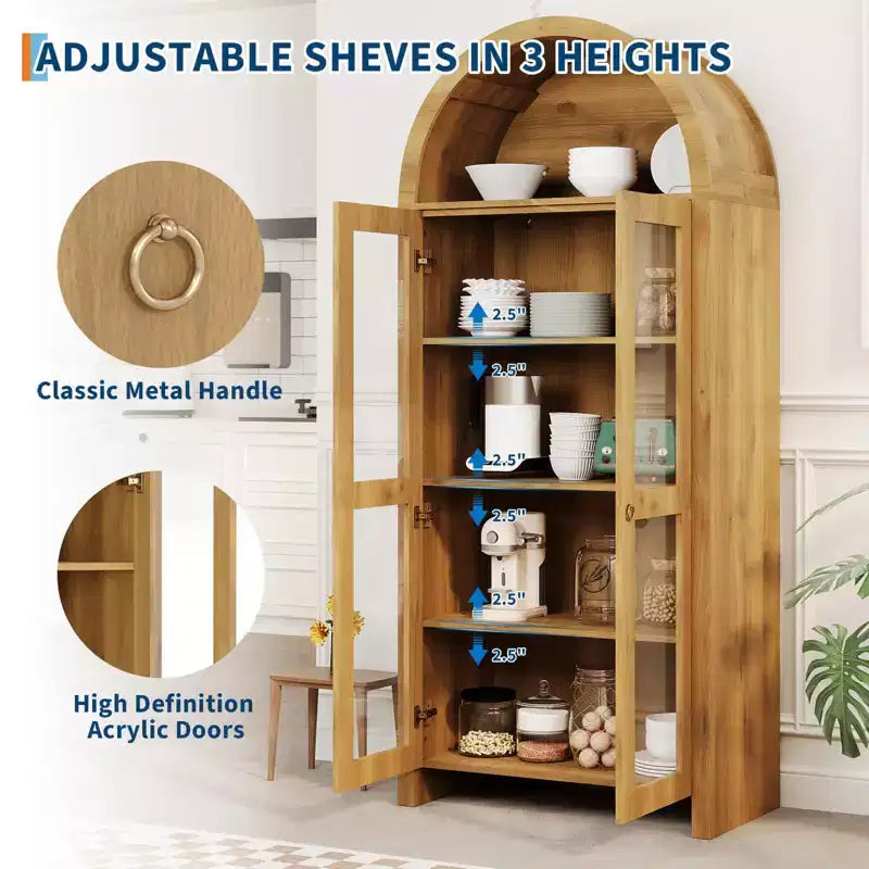 70 Mobile Dispensa Alto Ad Arco con Ante in Acrilico, Credenza in Legno a 5 Ripiani Regolabili, Libreria Moderna per Cucina, Sala da Pranzo e Soggiorno
