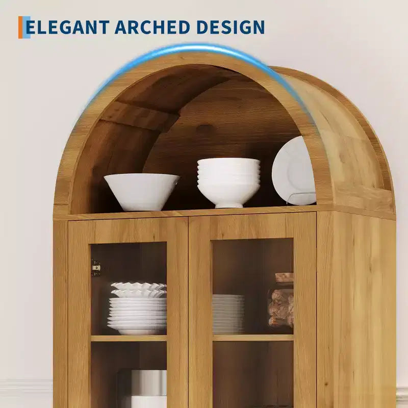 70 Mobile Dispensa Alto Ad Arco con Ante in Acrilico, Credenza in Legno a 5 Ripiani Regolabili, Libreria Moderna per Cucina, Sala da Pranzo e Soggiorno