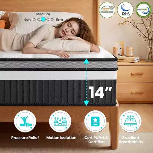 14in King Size Mattress, Memory Foam Mattress for Cool Night & Pressure Relief, Hybrid Gel Foam, Medium Firm with Cooling Gel, Motion Isolation