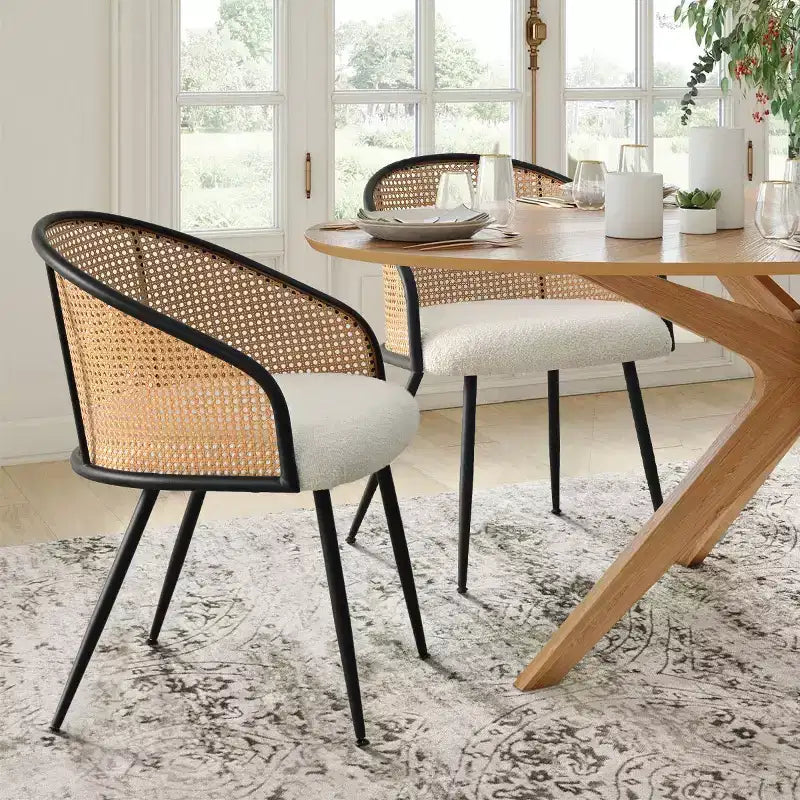 Sedie da Pranzo Set da 2, Poltrona Moderna Imbottita con Schienale in Rattan Intrecciato e Gambe in Metallo Nero - Panipeachy