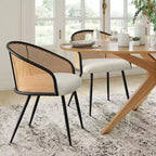 Sedie da Pranzo Set da 2, Poltrona Moderna Imbottita con Schienale in Rattan Intrecciato e Gambe in Metallo Nero - Panipeachy