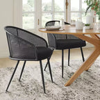 Sedie da Pranzo Set da 2, Poltrona Moderna Imbottita con Schienale in Rattan Intrecciato e Gambe in Metallo Nero - Panipeachy