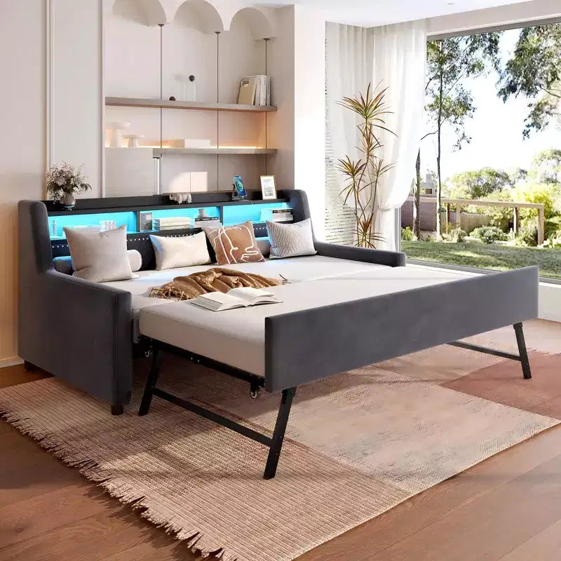Bellemave Letto a una piazza e mezza imbottito con letto estraibile, testiera portaoggetti, stazione di ricarica e LED, divano letto, grigio scuro