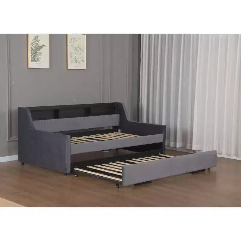 Bellemave Letto a una piazza e mezza imbottito con letto estraibile, testiera portaoggetti, stazione di ricarica e LED, divano letto, grigio scuro