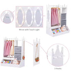 Armadio per travestimenti per bambini con specchio illuminato, organizer per costumi con appendiabiti, mensole, contenitori e ganci, guardaroba per la cameretta delle bambine