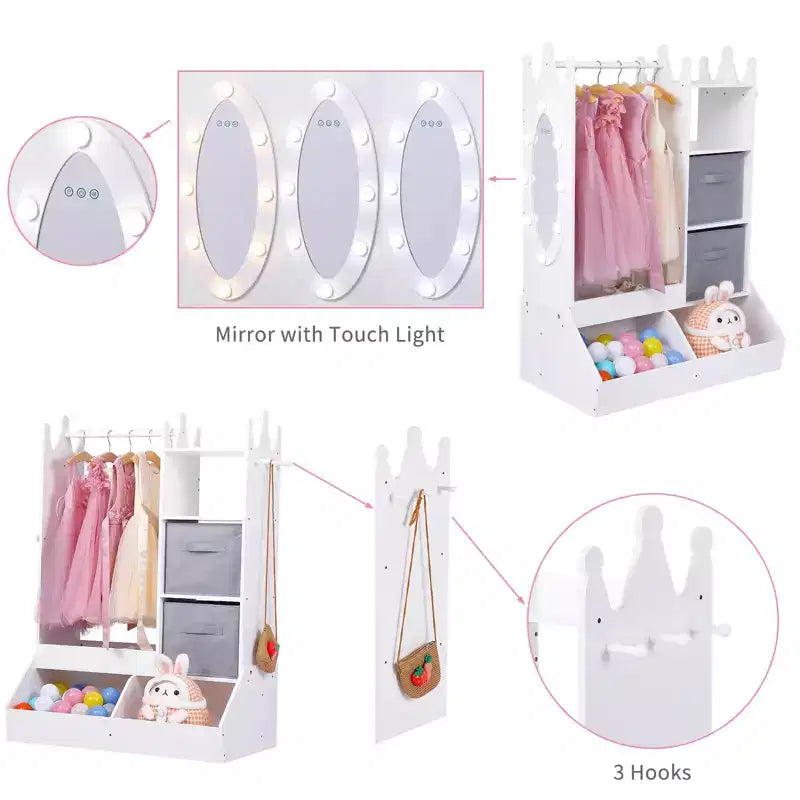 Armadio per travestimenti per bambini con specchio illuminato, organizer per costumi con appendiabiti, mensole, contenitori e ganci, guardaroba per la cameretta delle bambine