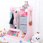 Armadio per travestimenti per bambini con specchio illuminato, organizer per costumi con appendiabiti, mensole, contenitori e ganci, guardaroba per la cameretta delle bambine