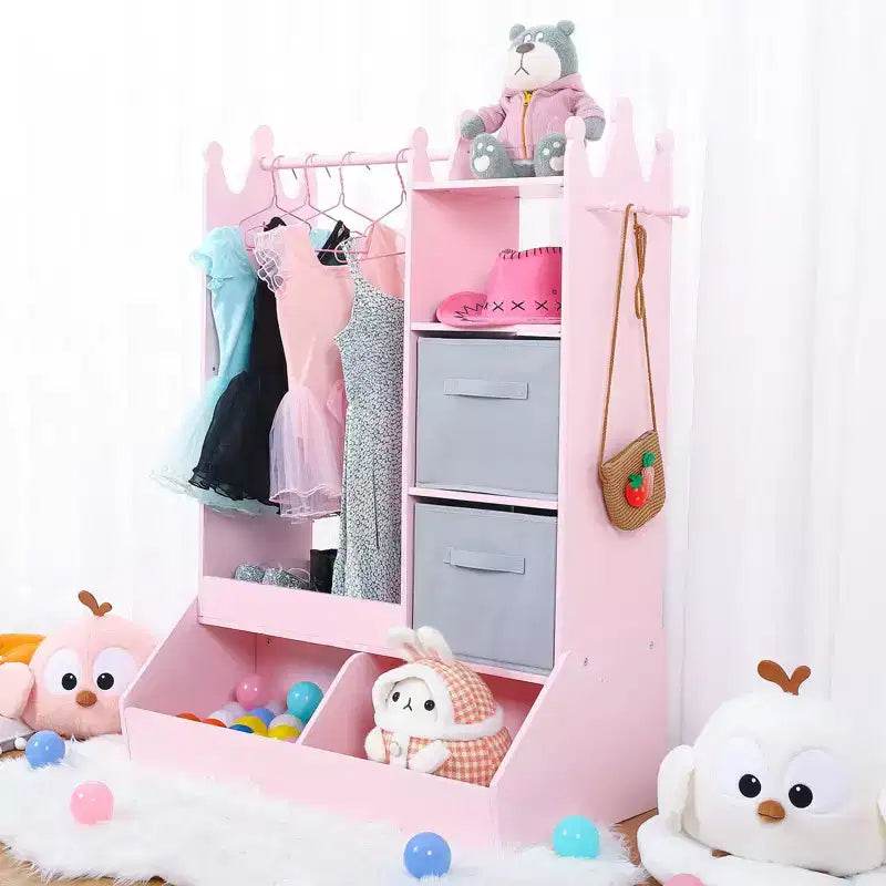 Armadio per travestimenti per bambini con specchio illuminato, organizer per costumi con appendiabiti, mensole, contenitori e ganci, guardaroba per la cameretta delle bambine