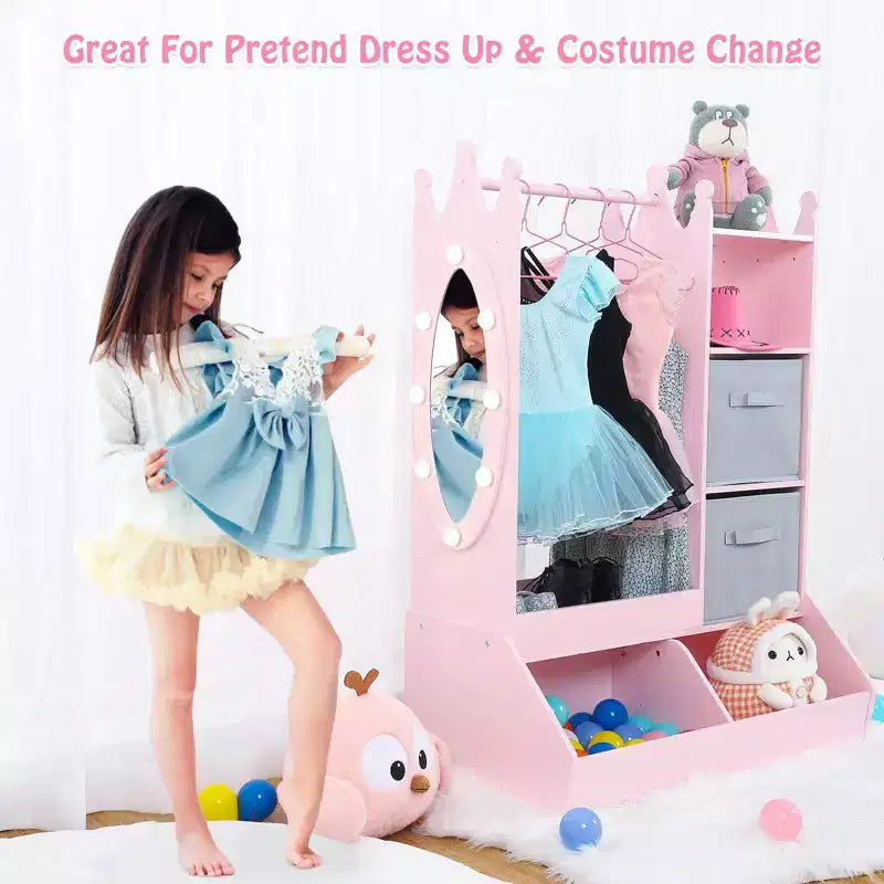 Armadio per travestimenti per bambini con specchio illuminato, organizer per costumi con appendiabiti, mensole, contenitori e ganci, guardaroba per la cameretta delle bambine