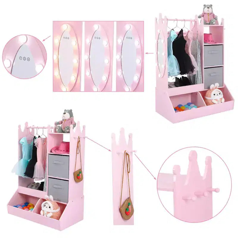 Armadio per travestimenti per bambini con specchio illuminato, organizer per costumi con appendiabiti, mensole, contenitori e ganci, guardaroba per la cameretta delle bambine