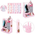 Armadio per travestimenti per bambini con specchio illuminato, organizer per costumi con appendiabiti, mensole, contenitori e ganci, guardaroba per la cameretta delle bambine
