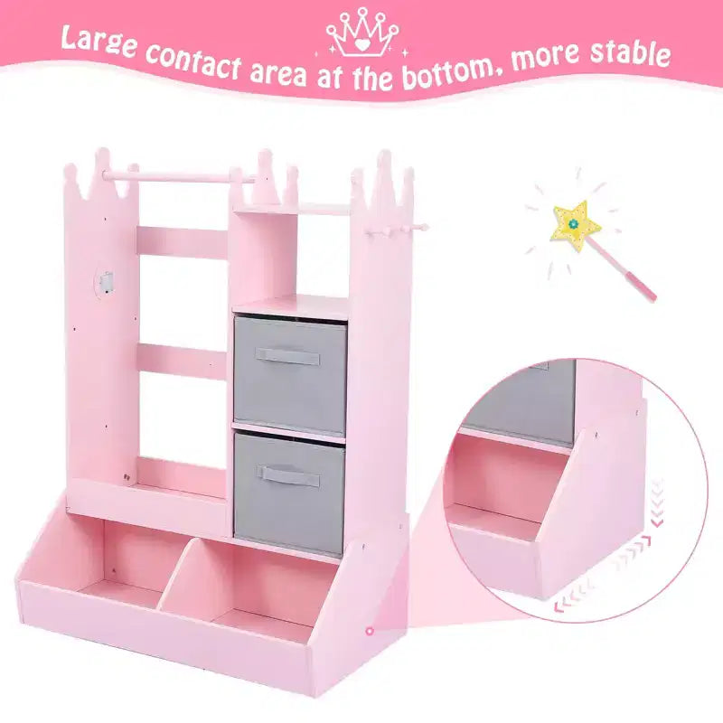 Armadio per travestimenti per bambini con specchio illuminato, organizer per costumi con appendiabiti, mensole, contenitori e ganci, guardaroba per la cameretta delle bambine