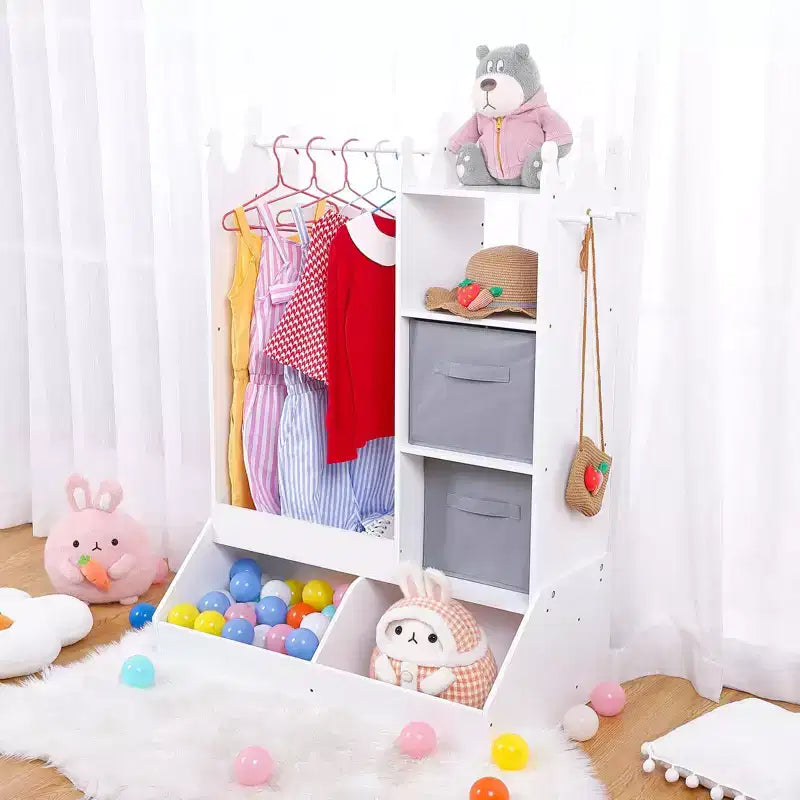 Armadio per travestimenti per bambini con specchio illuminato, organizer per costumi con appendiabiti, mensole, contenitori e ganci, guardaroba per la cameretta delle bambine