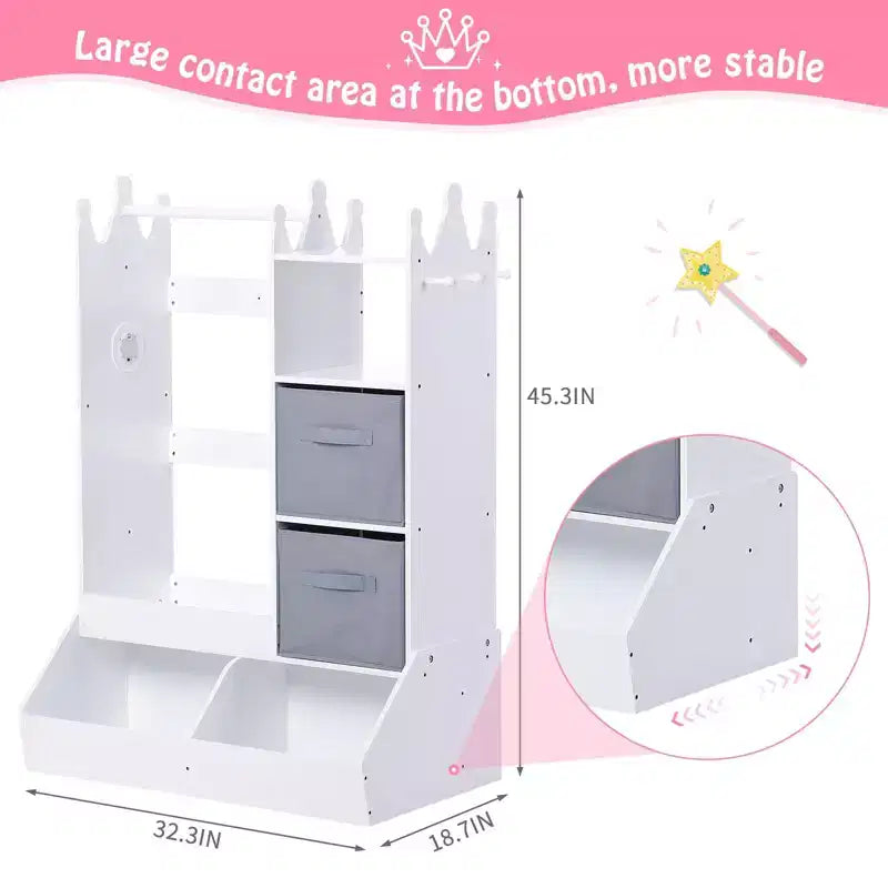 Armadio per travestimenti per bambini con specchio illuminato, organizer per costumi con appendiabiti, mensole, contenitori e ganci, guardaroba per la cameretta delle bambine