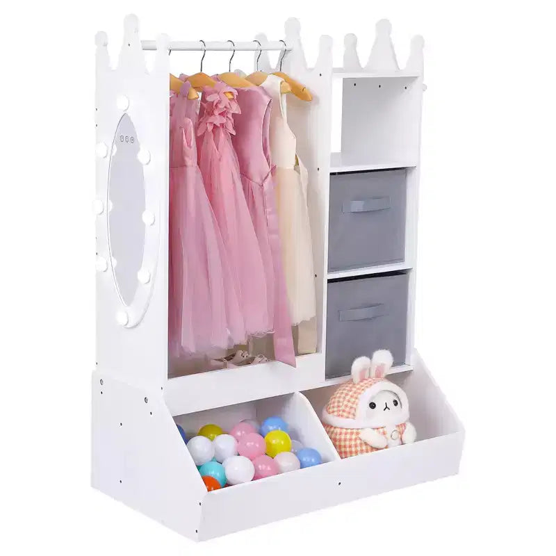 Armadio per travestimenti per bambini con specchio illuminato, organizer per costumi con appendiabiti, mensole, contenitori e ganci, guardaroba per la cameretta delle bambine