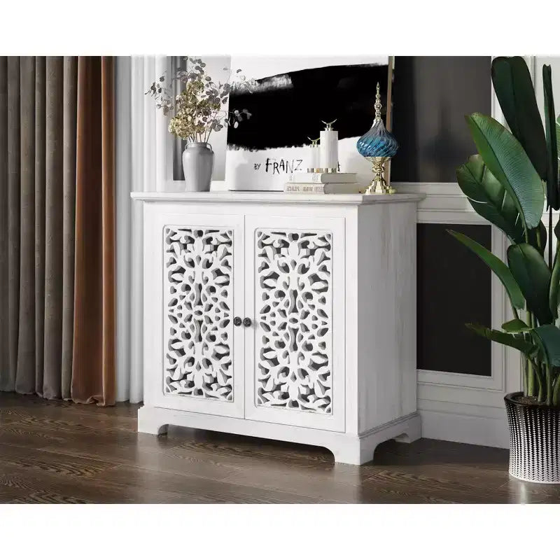 Armadietto da Cucina con 2 Ante Intagliate a Vuoto, Credenza, Tavolino Consolle, Mobile Bar Accento per Sala da Pranzo o Salotto