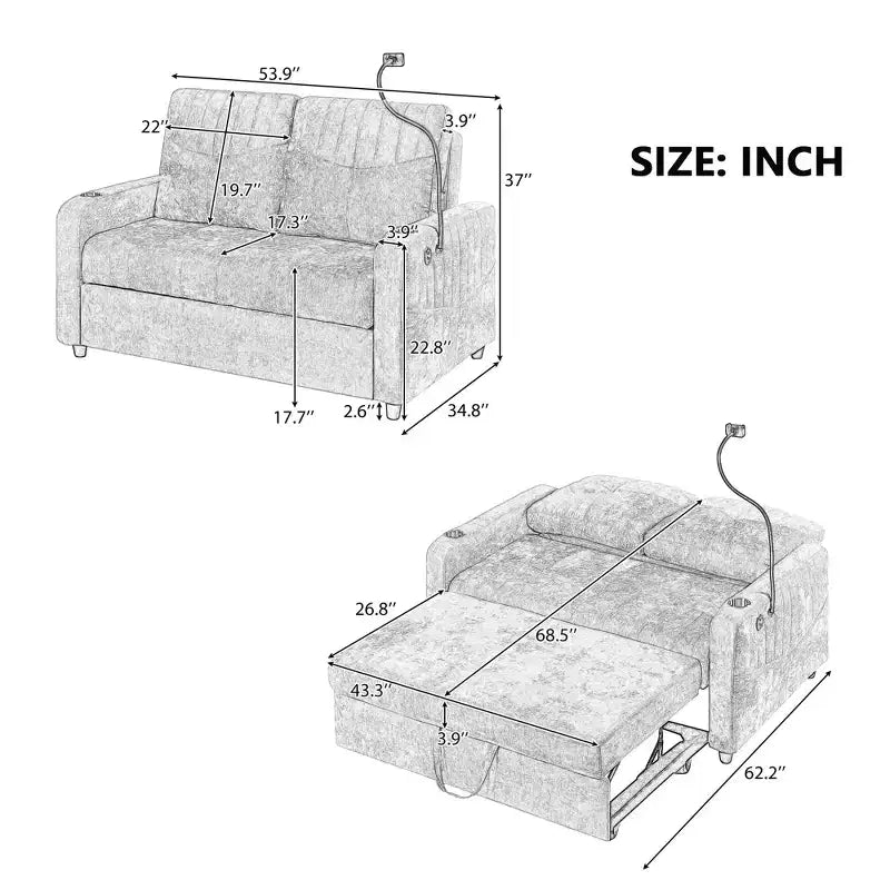 Divanetto Letto Estraibile Divano Convertibile con Schienale Regolabile, Porte di Ricarica, Portabicchieri e Tasche Laterali