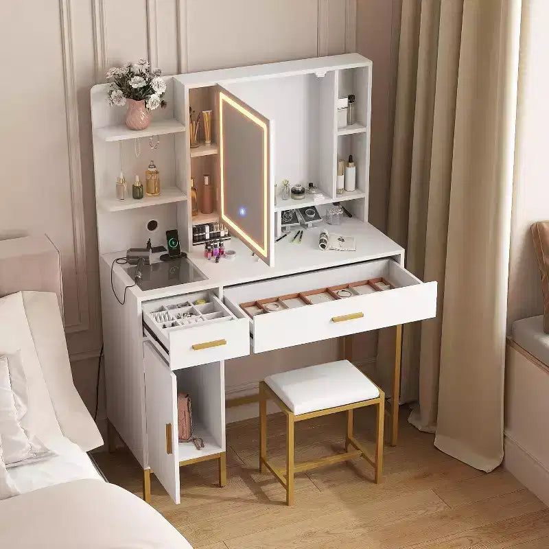 Toeletta con specchio e luci, toeletta da trucco da 108 cm con sgabello, tavolo da trucco con mobile a specchio e sedia, cassetti e ripiani